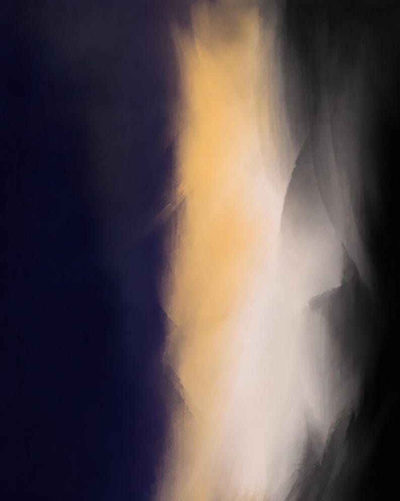 May include: An abstract digital painting featuring a vertical composition with a deep navy blue section on the left, transitioning into a soft, glowing golden yellow band in the centre, and fading into shades of grey and black on the right side.