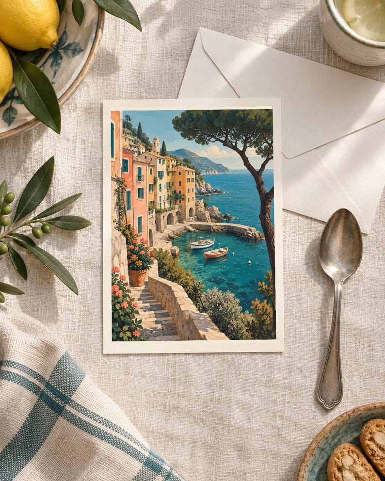 May include: A rectangular greeting card featuring a colourful illustration of a coastal Italian village with pastel buildings, stone stairs, and flowering plants overlooking a blue bay with two small boats, set against a clear sky and distant cliffs.