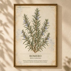 May include: A framed botanical print featuring a rosemary plant with green needle-like leaves and small blue flowers. The cream-colored background has a textured, aged appearance. Text includes "HERBARIO", "ROMERO", and "Salvia rosmarinus".