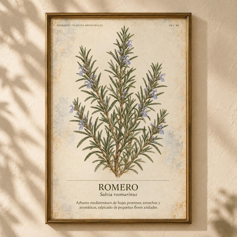 May include: A framed botanical print featuring a rosemary plant with green needle-like leaves and small blue flowers. The cream-colored background has a textured, aged appearance. Text includes "HERBARIO", "ROMERO", and "Salvia rosmarinus".