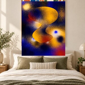 May include: A rectangular wall art print featuring an abstract composition with a central, organic, golden-yellow shape set against a deep blue background. The design incorporates spray-painted textures, glowing yellow orbs, and subtle red accents.