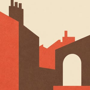 K&ouml;nnte beinhalten: Ein grafischer Kunstdruck mit einer stilisierten Stadtlandschaft aus kr&auml;ftigen geometrischen Formen in gebranntem Orange, Dunkelbraun und Creme. Die Komposition zeigt Geb&auml;udesilhouetten, Schornsteine und einen einzelnen Torbogen vor hellem Grund.