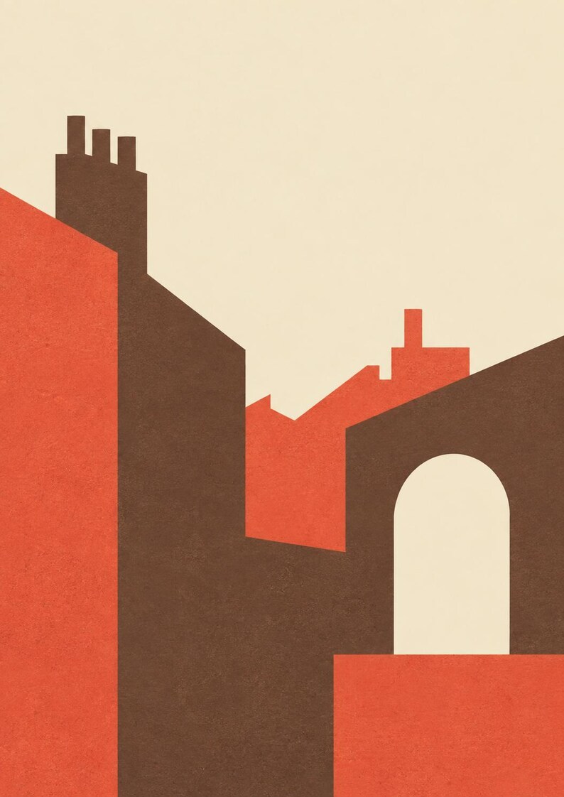 K&ouml;nnte beinhalten: Ein grafischer Kunstdruck mit einer stilisierten Stadtlandschaft aus kr&auml;ftigen geometrischen Formen in gebranntem Orange, Dunkelbraun und Creme. Die Komposition zeigt Geb&auml;udesilhouetten, Schornsteine und einen einzelnen Torbogen vor hellem Grund.