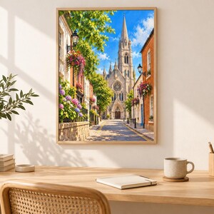 Pu&ograve; includere: Una stampa d'arte da parete incorniciata che raffigura una stretta strada europea che conduce a un'alta chiesa in pietra con una guglia. La scena presenta edifici in mattoni, cesti di fiori appesi con fiori rosa e viola, alberi e cielo blu.