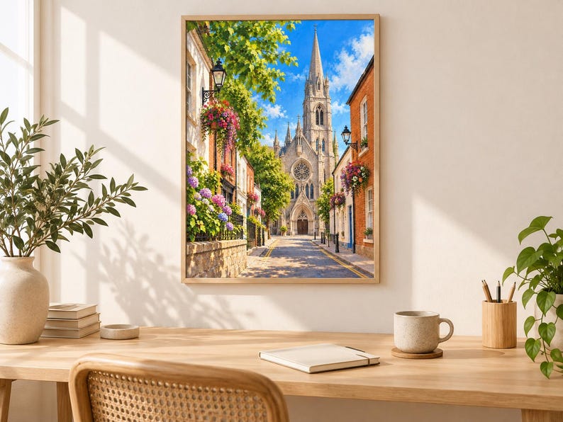 Pu&ograve; includere: Una stampa d'arte da parete incorniciata che raffigura una stretta strada europea che conduce a un'alta chiesa in pietra con una guglia. La scena presenta edifici in mattoni, cesti di fiori appesi con fiori rosa e viola, alberi e cielo blu.