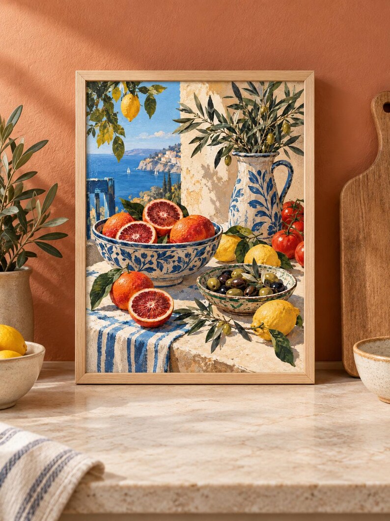 Op de afbeelding: Een ingelijste kunstdruk met een mediterrane sc&egrave;ne met een blauw-wit patroon kom gevuld met bloedsinaasappels, een bijpassende kan met olijftakken, een kom met olijven, citroenen en tomaten op een tafel met uitzicht op de zee.