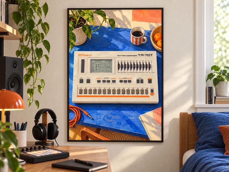 May include: A framed wall art print featuring a vintage Roland TR-707 Rhythm Composer drum machine. The device is off-white with orange accents, a digital display, and multiple sliders and buttons, set against a vibrant blue tabletop background.