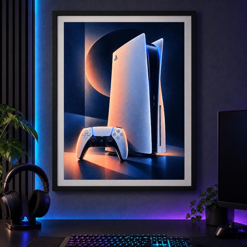 May include: A framed wall art print featuring a white PlayStation 5 console and a matching white wireless controller. The artwork displays a stylised, abstract background with circular shapes and a colour palette of deep blue, orange, and white.