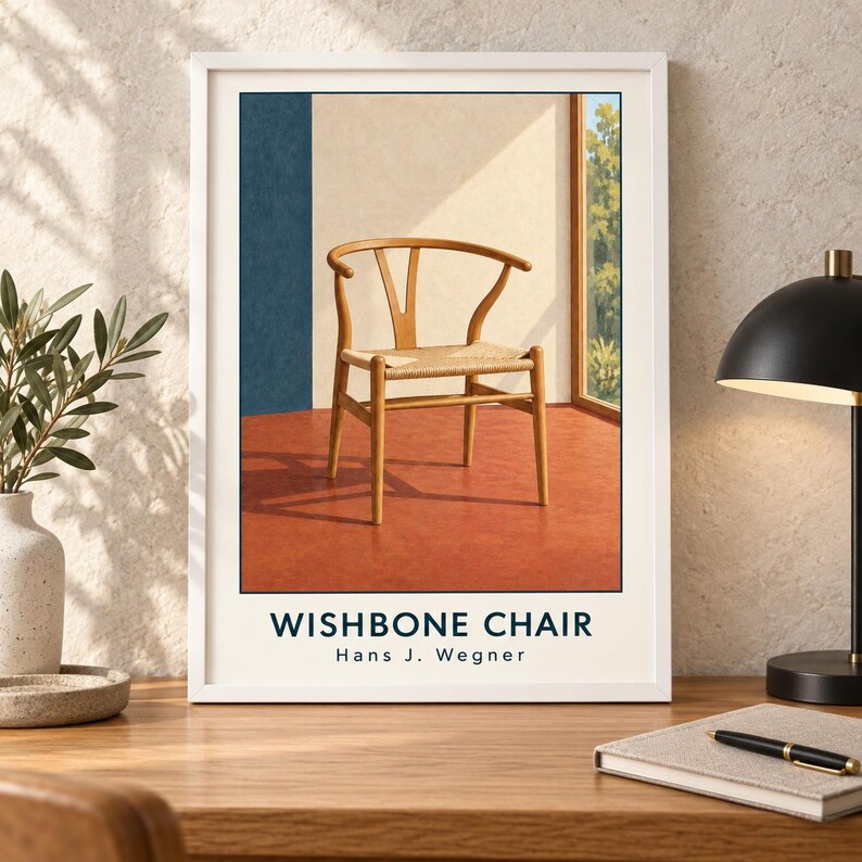 May include: A framed wall art print featuring a light wood Wishbone chair with a woven seat, set against a cream wall and terracotta floor. The text WISHBONE CHAIR and Hans J. Wegner is printed in dark blue at the bottom of the white frame.