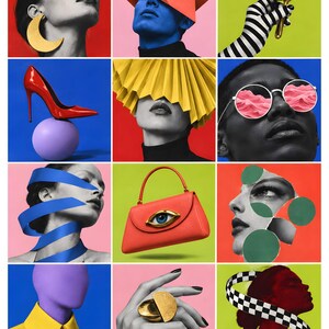 May include: A collage of twelve square panels featuring diverse imagery including a gold crescent earring, a red geometric headpiece, a hand holding a mirror, a red stiletto on a purple sphere, a yellow pleated fan, sunglasses with pink lenses, blue ribbons, a red handbag with an eye emblem, green circles, a yellow collared shirt, a gold ring, and a checkered ribbon.