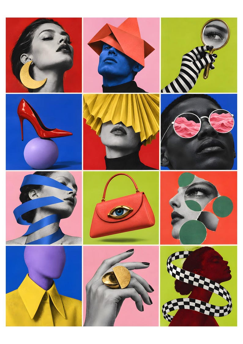May include: A collage of twelve square panels featuring diverse imagery including a gold crescent earring, a red geometric headpiece, a hand holding a mirror, a red stiletto on a purple sphere, a yellow pleated fan, sunglasses with pink lenses, blue ribbons, a red handbag with an eye emblem, green circles, a yellow collared shirt, a gold ring, and a checkered ribbon.