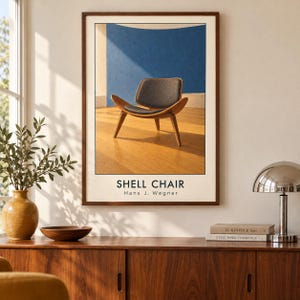 Konsttryck av Shell Chair, Hans J. Wegner möbelaffisch, A2 digital nedladdning bild 1