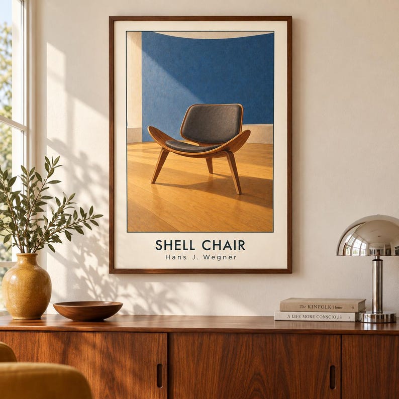 Konsttryck av Shell Chair, Hans J. Wegner möbelaffisch, A2 digital nedladdning bild 1