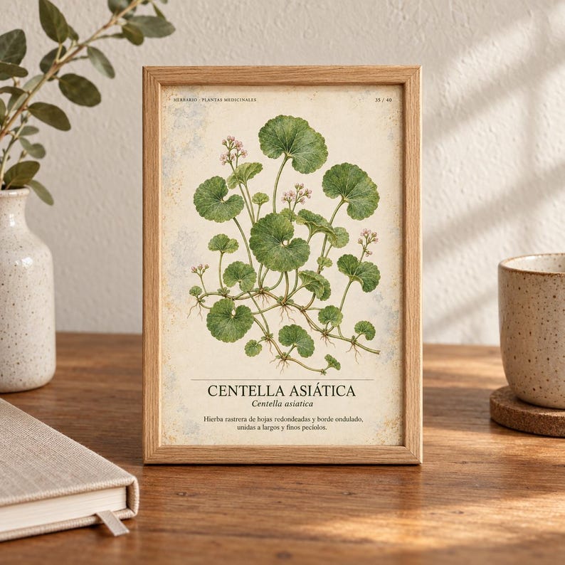 Może przedstawiać: Oprawiona rycina botaniczna przedstawiająca szczeg&oacute;łową ilustrację rośliny Centella asiatica z zielonymi, zaokrąglonymi liśćmi i małymi kwiatami. Grafika zawiera napis "CENTELLA ASI&Aacute;TICA" oraz opisowy tekst w języku hiszpańskim na kremowym tle.