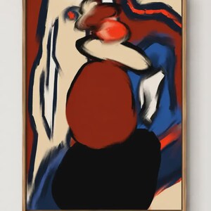 Pu&ograve; includere: Un dipinto astratto in una cornice di legno chiaro caratterizzato da audaci pennellate gestuali in rosso scuro, nero e blu su sfondo crema. La composizione include una prominente forma ovale rossa centrale e un accento arancione brillante.