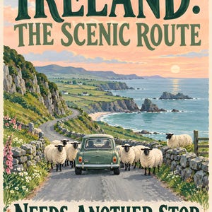 Puede incluir: Un p&oacute;ster con un coche verde en una carretera costera de Irlanda, rodeado por un reba&ntilde;o de ovejas blancas. El texto dice IRELAND: THE SCENIC ROUTE y NEEDS ANOTHER STOP. La escena incluye un muro de piedra, acantilados y el oc&eacute;ano.