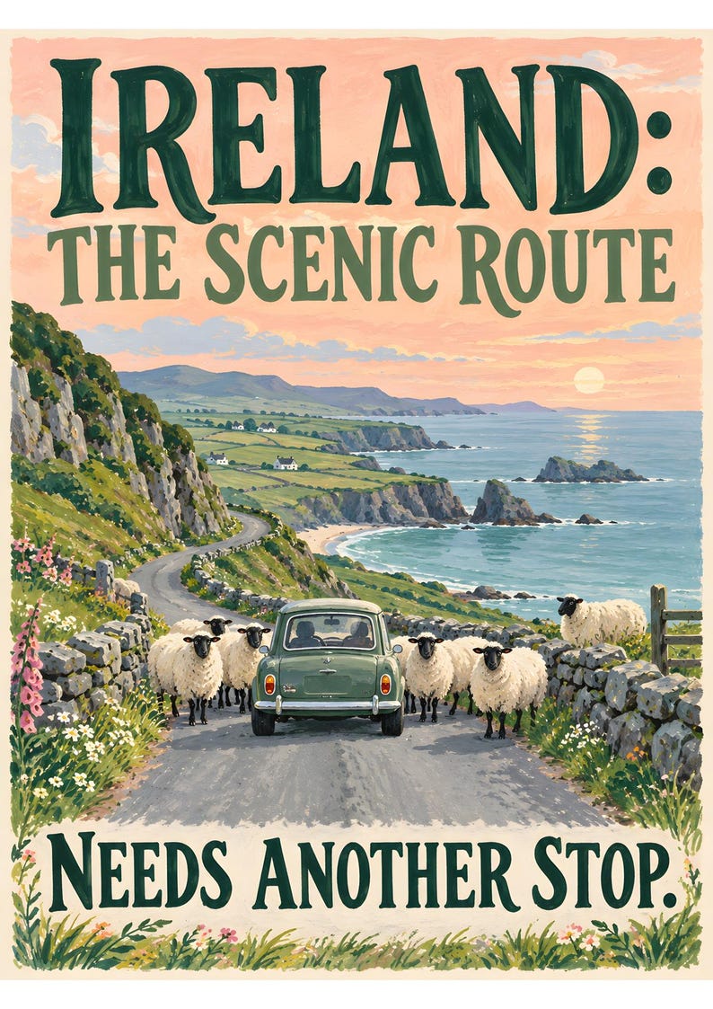 Puede incluir: Un p&oacute;ster con un coche verde en una carretera costera de Irlanda, rodeado por un reba&ntilde;o de ovejas blancas. El texto dice IRELAND: THE SCENIC ROUTE y NEEDS ANOTHER STOP. La escena incluye un muro de piedra, acantilados y el oc&eacute;ano.