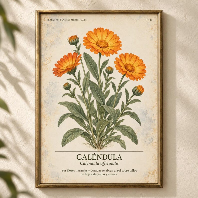 May include: A framed botanical print featuring a central illustration of orange calendula flowers with green leaves and buds. The text reads HERBARIO PLANTAS MEDICINALES 11/40, CAL&Eacute;NDULA, Calendula officinalis, and a descriptive sentence in Spanish.