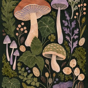 May include: A botanical collage on a dark background featuring a large brown mushroom, a tall purple mushroom, and a green spotted mushroom. The arrangement includes various pressed leaves, sprigs of berries, lichen, and small purple mushrooms.