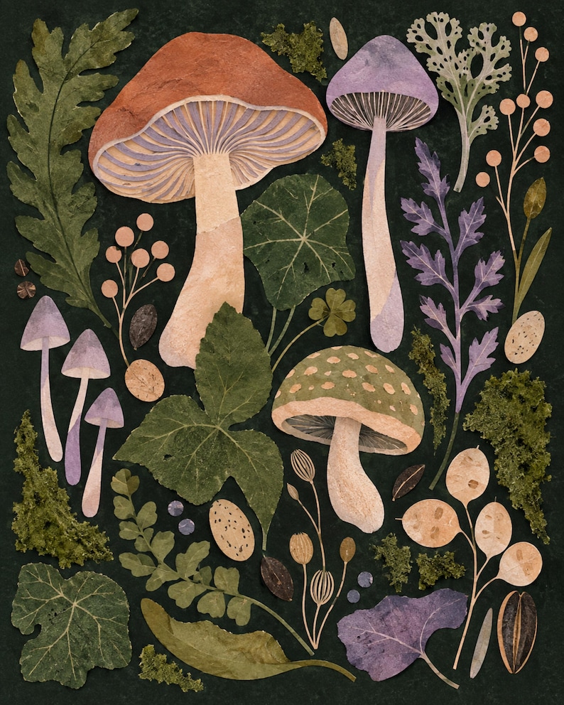 May include: A botanical collage on a dark background featuring a large brown mushroom, a tall purple mushroom, and a green spotted mushroom. The arrangement includes various pressed leaves, sprigs of berries, lichen, and small purple mushrooms.