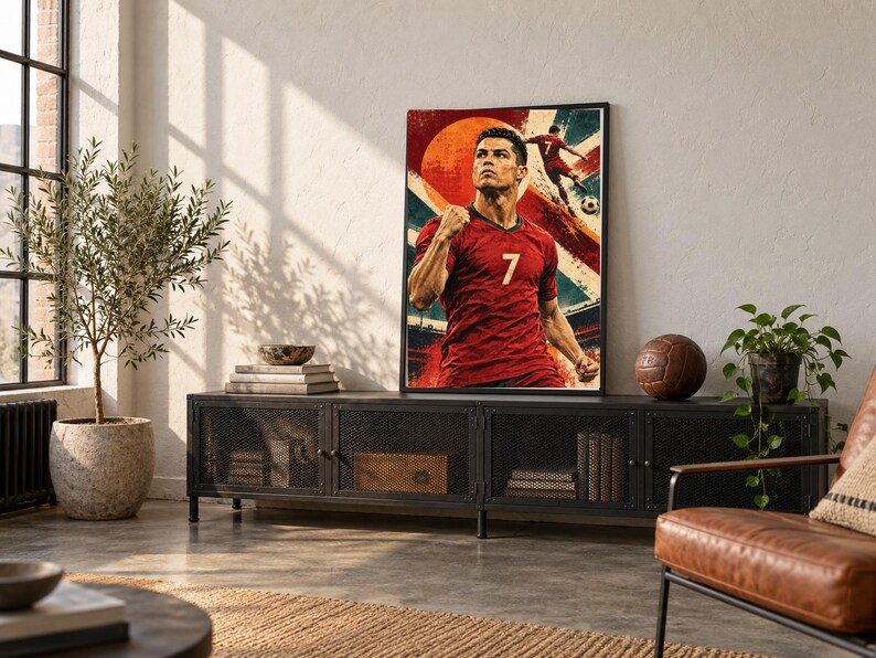 May include: A rectangular framed wall art print featuring a stylized illustration of a soccer player wearing a red jersey with the number 7. The artwork displays a large orange sun, a soccer ball, and dynamic red and blue graphic elements.