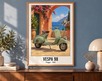 Vespa 98 Motorcycle Art Print, Retro Poster, Two A2 Digital Versions
