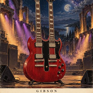 May include: A red Gibson EDS-1275 double-neck electric guitar with two fretboards, silver hardware, and black pickguards. The text GIBSON EDS-1275 1958 is printed at the bottom of the image, which features a concert stage set against ruins.