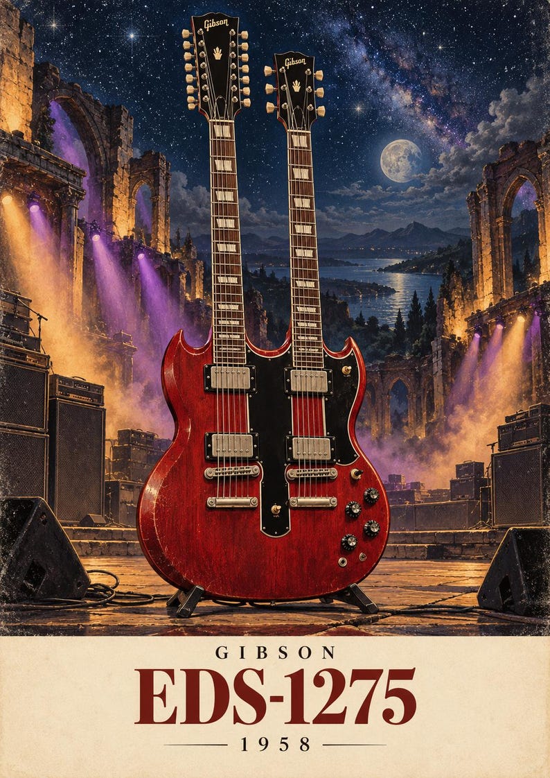 May include: A red Gibson EDS-1275 double-neck electric guitar with two fretboards, silver hardware, and black pickguards. The text GIBSON EDS-1275 1958 is printed at the bottom of the image, which features a concert stage set against ruins.