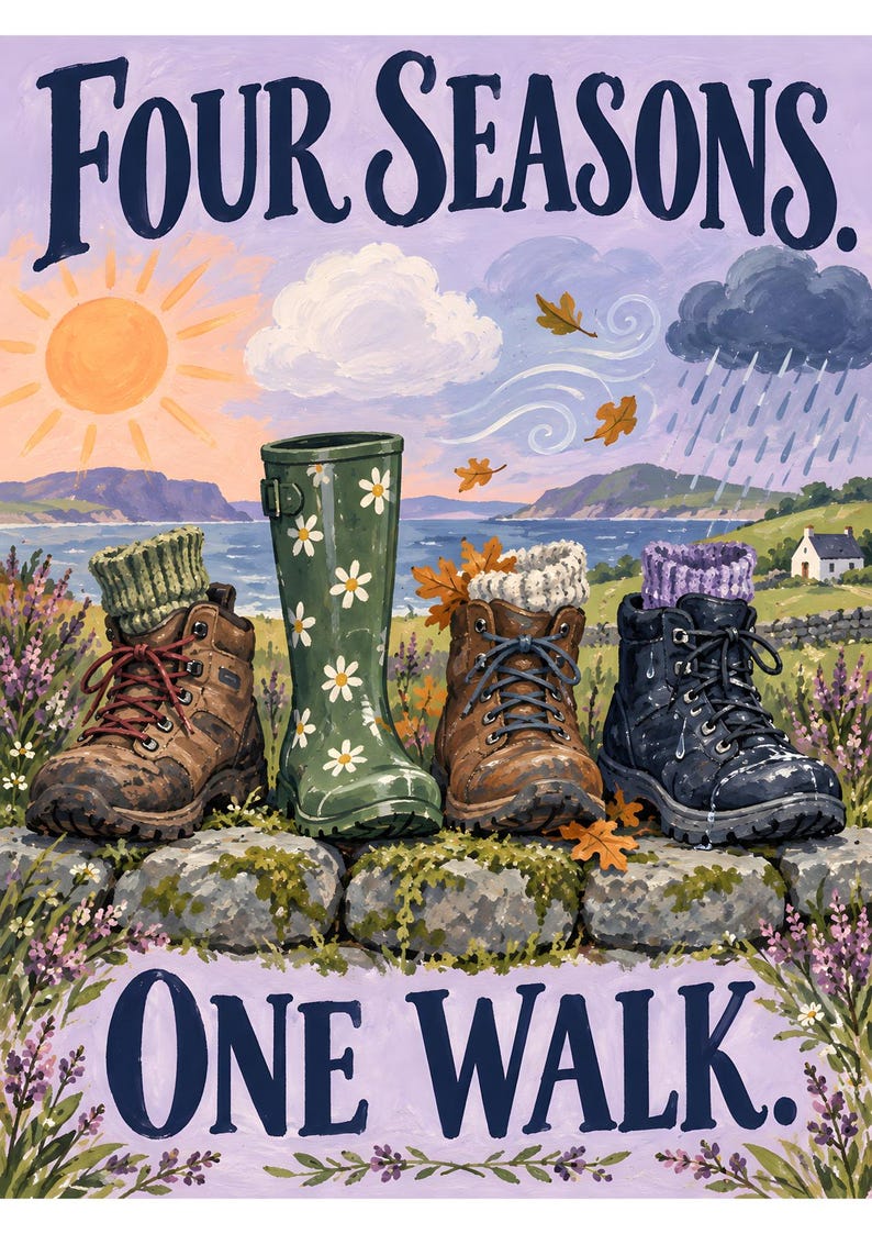 May include: A painting titled Four Seasons One Walk featuring four different types of footwear including hiking boots, a daisy-patterned green rain boot, and a black boot, all resting on a stone wall against a landscape with sun and rain.