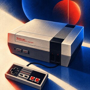 May include: A gray and black Nintendo Entertainment System video game console with a matching rectangular controller featuring a black directional pad, two red circular buttons, and gray select and start buttons connected by a black cord.