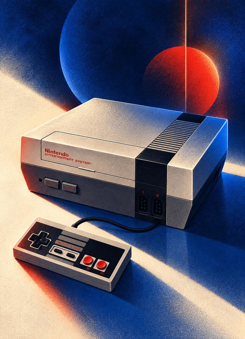 May include: A gray and black Nintendo Entertainment System video game console with a matching rectangular controller featuring a black directional pad, two red circular buttons, and gray select and start buttons connected by a black cord.