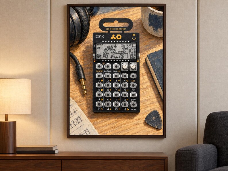May include: A black Teenage Engineering PO-32 Tonic pocket operator synthesizer featuring a monochrome LCD screen with animated graphics, a grid of sixteen circular buttons, two silver rotary knobs, and the text pocket operator and tonic.