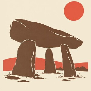 May include: A graphic art print featuring a brown megalithic dolmen structure set against a cream background. A solid red sun sits in the upper right corner above a red horizon line. The word CARLOW is printed in brown capital letters at the bottom.