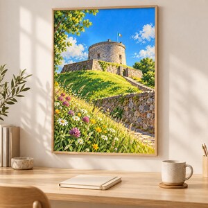 Puede incluir: Una impresi&oacute;n de arte mural enmarcada que representa una torre de piedra sobre una colina cubierta de hierba bajo un cielo azul brillante. El primer plano presenta un prado vibrante con margaritas blancas, botones de oro y tr&eacute;boles morados.
