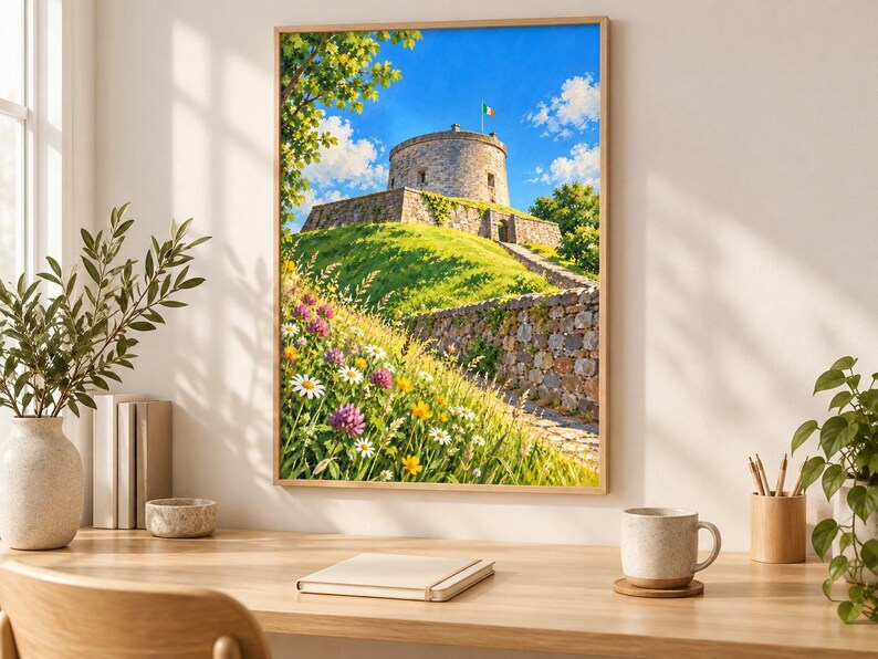 Puede incluir: Una impresi&oacute;n de arte mural enmarcada que representa una torre de piedra sobre una colina cubierta de hierba bajo un cielo azul brillante. El primer plano presenta un prado vibrante con margaritas blancas, botones de oro y tr&eacute;boles morados.