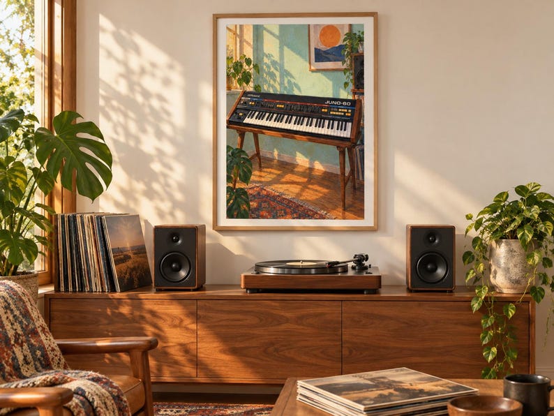Może przedstawiać: Oprawiony wydruk ścienny przedstawiający zabytkowy syntezator Roland Juno-60 na drewnianym stojaku w nasłonecznionym pokoju. Grafika zawiera turkusową ścianę, oprawiony motyw słońca oraz rośliny doniczkowe, tworząc ciepły, nostalgiczny klimat.