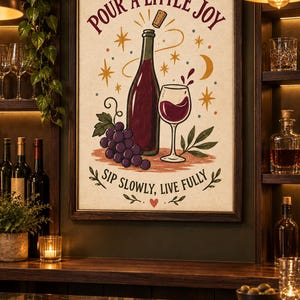 Puede incluir: Una l&aacute;mina enmarcada con una botella de vino, una copa de vino tinto y un racimo de uvas. El texto dice "POUR A LITTLE JOY" en la parte superior y "SIP SLOWLY, LIVE FULLY" en la inferior, con estrellas, una luna creciente y un coraz&oacute;n rojo.