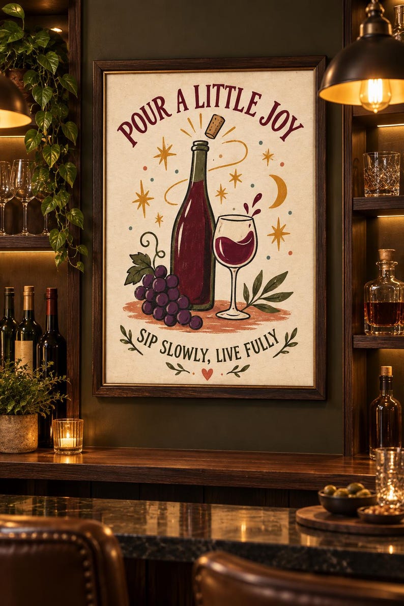 Puede incluir: Una l&aacute;mina enmarcada con una botella de vino, una copa de vino tinto y un racimo de uvas. El texto dice "POUR A LITTLE JOY" en la parte superior y "SIP SLOWLY, LIVE FULLY" en la inferior, con estrellas, una luna creciente y un coraz&oacute;n rojo.