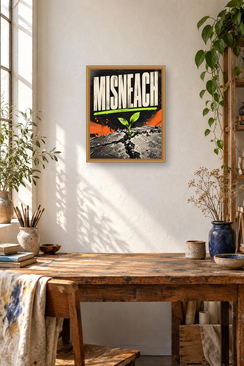 May include: A rectangular framed wall art print featuring the word MISNEACH in bold white capital letters. Below the text, a small green sprout emerges from a cracked dark gray surface, accented by vibrant orange and lime green graphic elements.