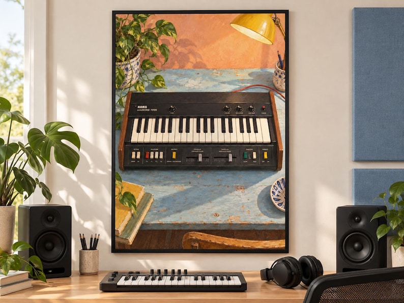 May include: A framed wall art print featuring a vintage Korg 700S synthesizer with black casing, white and black keys, and colorful control switches, set against a rustic blue wooden table with a yellow lamp and green potted plant.