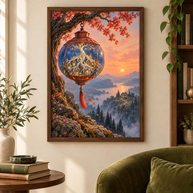 K&ouml;nnte beinhalten: Ein gerahmter Kunstdruck, der eine leuchtende kugelf&ouml;rmige Laterne zeigt, die an einem Ast h&auml;ngt. Im Inneren der Laterne befindet sich ein wei&szlig;er Baum mit Wurzeln und kleinen H&auml;usern. Der Hintergrund zeigt einen Sonnenuntergang &uuml;ber Bergen.