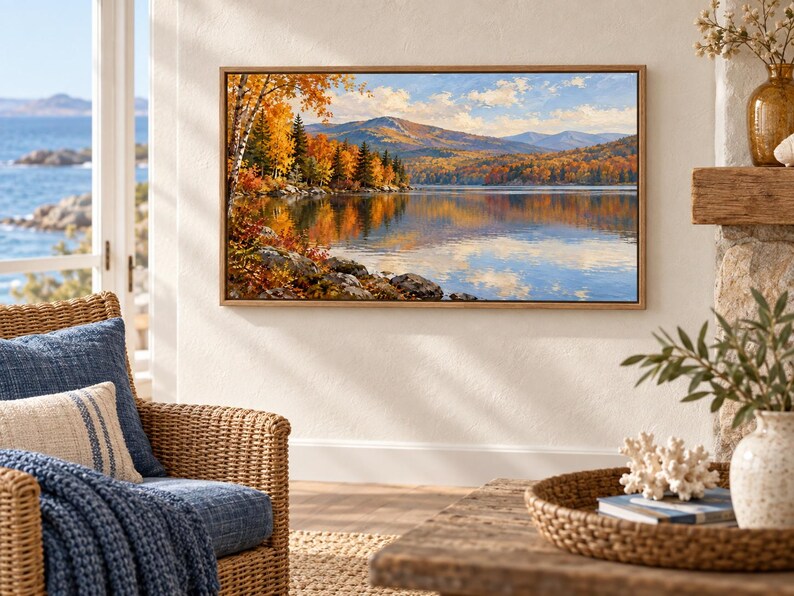 Pode incluir: Uma pintura de paisagem retangular numa moldura de madeira clara que retrata um lago sereno rodeado por folhagem de outono em tons de laranja, amarelo e vermelho. A cena apresenta um corpo de &aacute;gua calmo que reflete as &aacute;rvores e montanhas.
