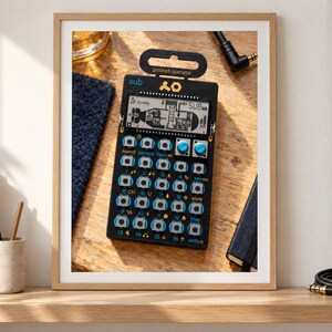 Op de afbeelding: Een zwarte Teenage Engineering PO-14 Sub pocket operator synthesizer met een digitaal LCD-scherm met een onderzeebootafbeelding, zestien genummerde knoppen, twee blauwe draaiknoppen en gele tekstlabels waaronder sub en pocket operator.