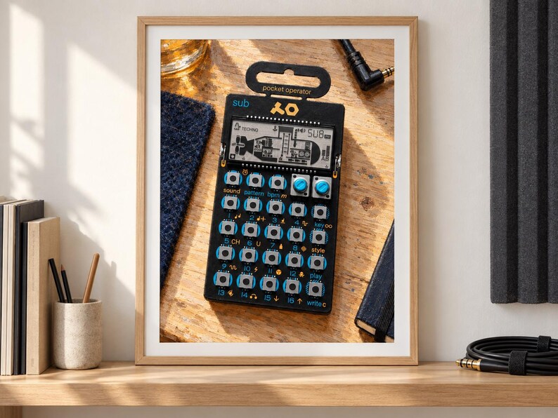 Op de afbeelding: Een zwarte Teenage Engineering PO-14 Sub pocket operator synthesizer met een digitaal LCD-scherm met een onderzeebootafbeelding, zestien genummerde knoppen, twee blauwe draaiknoppen en gele tekstlabels waaronder sub en pocket operator.