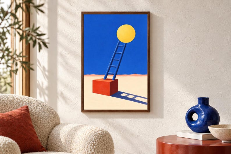 May include: A framed wall art print featuring a surreal landscape with a bright yellow circle suspended in a deep blue sky above a red cube. A blue ladder leans against the cube, which rests on a beige desert floor with a long, dark shadow.