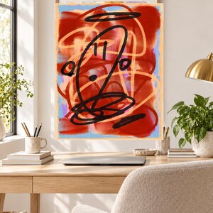 K&ouml;nnte beinhalten: Ein rechteckiger Wandkunstdruck mit einer lebendigen abstrakten Komposition. Das Kunstwerk zeigt kr&auml;ftige, &uuml;berlappende schwarze, tintenartige Kritzeleien und Schleifen, die &uuml;ber einem strukturierten Hintergrund aus tiefroten, orangefarbenen und hellblauen Farbbl&ouml;cken liegen.