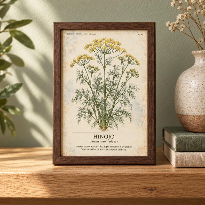Puede incluir: Una l&aacute;mina bot&aacute;nica enmarcada con una ilustraci&oacute;n detallada de una planta de hinojo con flores amarillas y hojas verdes plumosas. La l&aacute;mina incluye el texto HINOJO, Foeniculum vulgare y un p&aacute;rrafo descriptivo en espa&ntilde;ol.