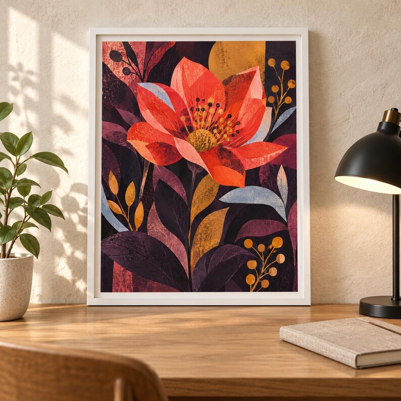 Op de afbeelding: Een ingelijste kunstdruk met een grote, gestileerde rode bloem met een geel hart, omringd door donkerpaars, oranje en lichtblauw gebladerte. De compositie maakt gebruik van gedurfde, geometrische vormen en textuurlagen voor een levendig tafereel.