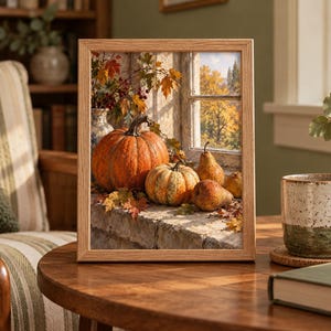 May include: A framed print featuring a still life of a large orange pumpkin, a smaller variegated pumpkin, and two brown pears resting on a stone ledge. Autumn leaves and a window view of golden trees are visible in the background of the artwork.