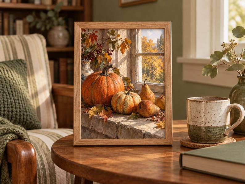 May include: A framed print featuring a still life of a large orange pumpkin, a smaller variegated pumpkin, and two brown pears resting on a stone ledge. Autumn leaves and a window view of golden trees are visible in the background of the artwork.